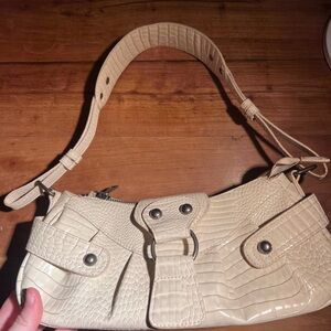 Cream Crocodile Embossed Shoulder Bag